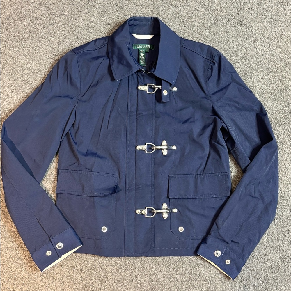 Lauren Ralph Lauren Fireman Metal Clasp Nylon Rain Jacket Navy Blue Size Small